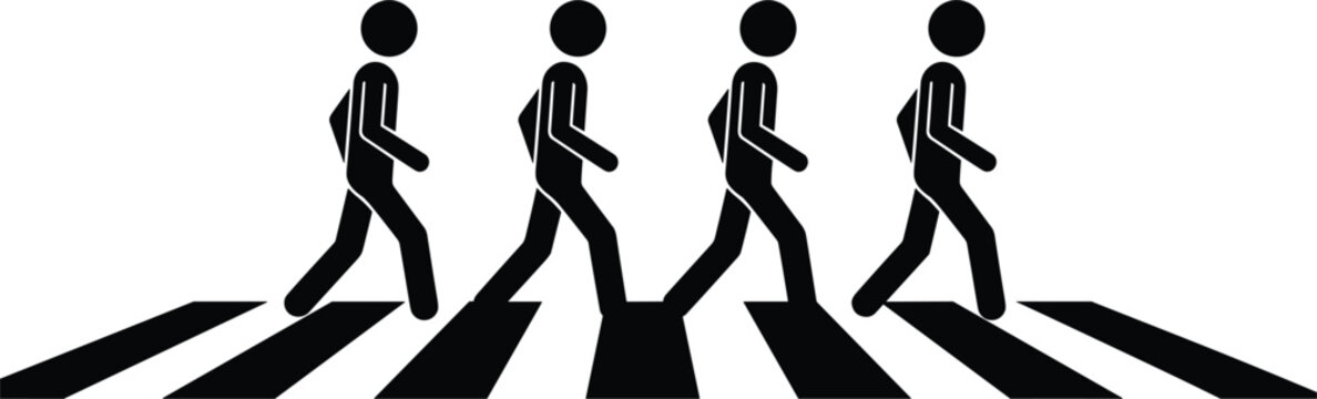 Pedestrian crossing silhouette illustration showing people walking on zebra crosswalk road traffic safety concept design symbol.