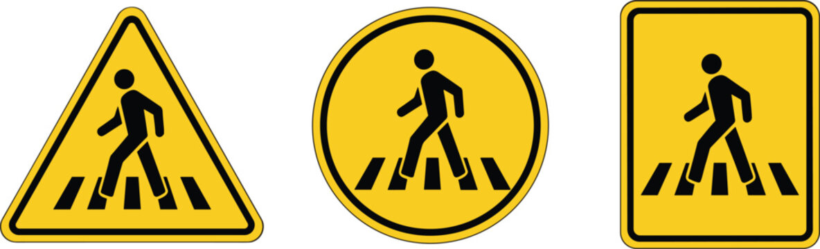 Pedestrian crossing warning signs set showing yellow triangle circle and square road traffic safety symbols illustration design.