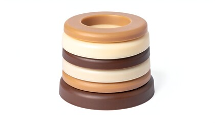 Stack of five multi-toned donut-shaped forms isolated on a white background