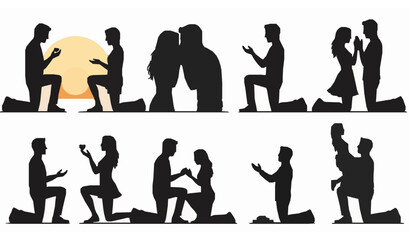 Obraz premium Elegant romantic proposal couple silhouette vector illustration set with expressive engagement moments on white