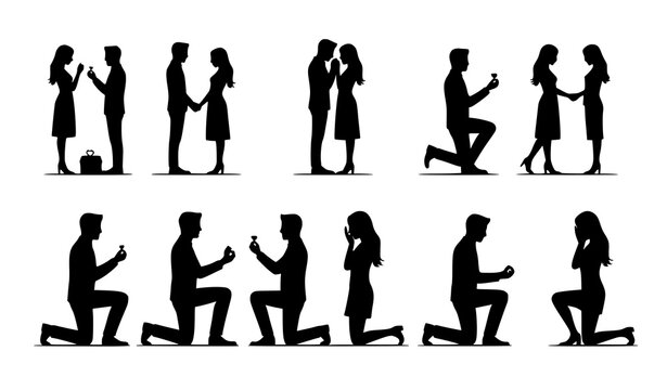 Romantic couple proposal silhouette vector set with kneeling and standing engagement poses isolated on white background