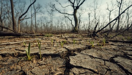 Resilient life emerging: Witness the raw beauty of nature's perseverance. Young plant shoots bravely emerge from the parched earth. A powerful reminder of resilience and renewal.