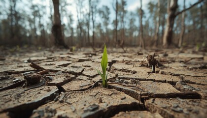 New Life in Arid Land: A symbol of resilience and growth emerges from cracked earth, a single vibrant sprout, heralding the triumph of nature in a barren landscape.