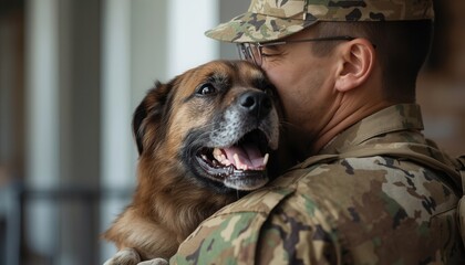 Unbreakable Bond: A soldier tenderly embraces his loyal canine companion, their hearts intertwined in a moment of unwavering affection and devotion.