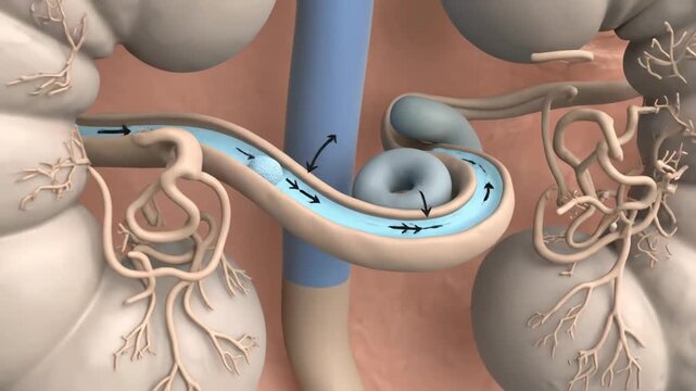 3D animation illustrating a kidney stone moving through the ureter and renal system with fluid flow. Medical concept.