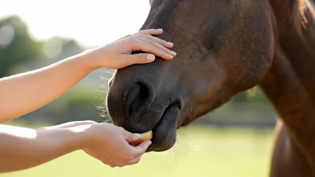 Horse Feeding Close Up Hand Giving Animal Treat