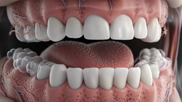 3D animation illustrating the process of plaque and calculus removal from human teeth and gums. Ideal for dental health education and medical presentations.