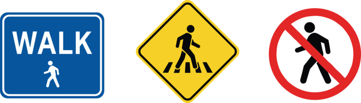 Pedestrian traffic signs set showing walk crossing warning and prohibition symbols for road safety illustration design concept collection.
