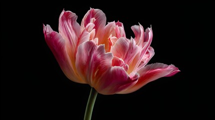 Blooming pink tulip with vibrant petals isolated on solid black background 