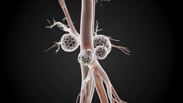3D animation of a biological system featuring abnormal growths on branching structures, ideal for medical and scientific education.