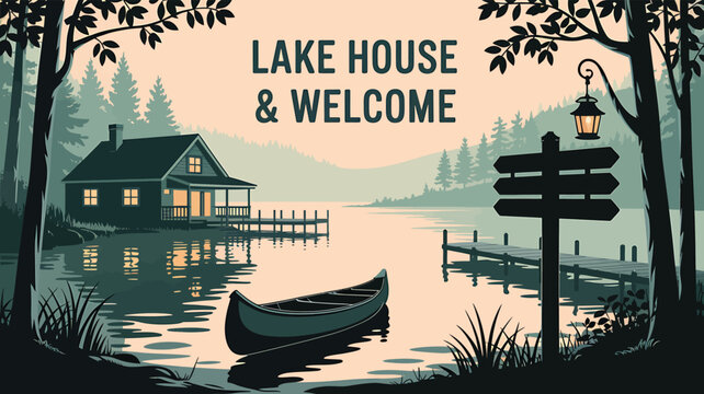 Lake house welcome illustration with wooden cabin and canoe on peaceful water at forest sunset
