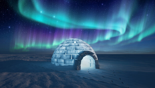 Majestic Aurora Borealis Illuminates a Snowy Igloo Under a Starry Night Sky