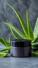 Aloe vera plant with black cosmetic cream jar, natural skincare packaging mockup with fresh green leaves
