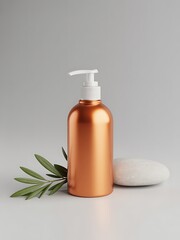 Minimal cosmetic pump bottle in copper color with green leaves on neutral background for skincare branding and product mockup
