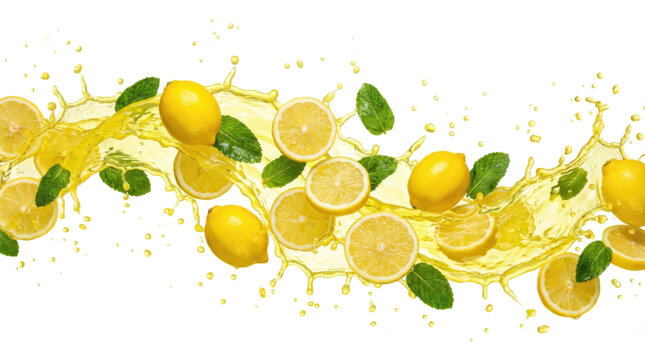 Vibrant lemons with mint leaves splash into golden liquid creating a refreshing and energetic cascade of citrus droplets lemon splash juice leaf fruit food yellow drink transparent background
