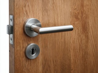 Obraz premium Modern door handle on a wooden door.