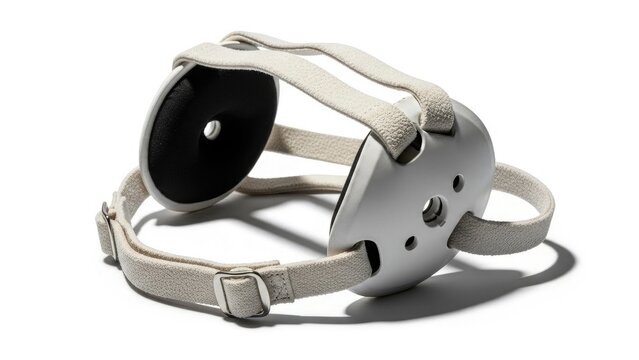 White wrestling headgear with beige adjustable straps and Wrestling, Wrestler, Sports, Combat, Strength.