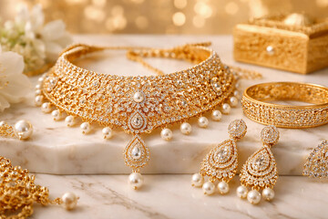 Luxury gold jewelry set featuring an ornate choker necklace, matching earrings, and bangles with pearl and diamond detailing, displayed on elegant marble background.