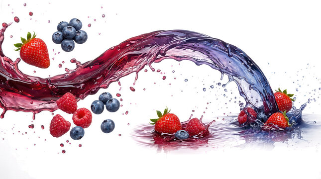 Dynamic splash of red and purple berry juices with fresh strawberries raspberries and blueberries creating a refreshing natural effect berry splash fruit strawberry raspberry transparent background