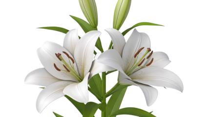 Close-up of two white Easter Lilies with green buds and leaves
