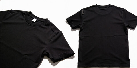 Two black t-shirts laid out on a white background for display