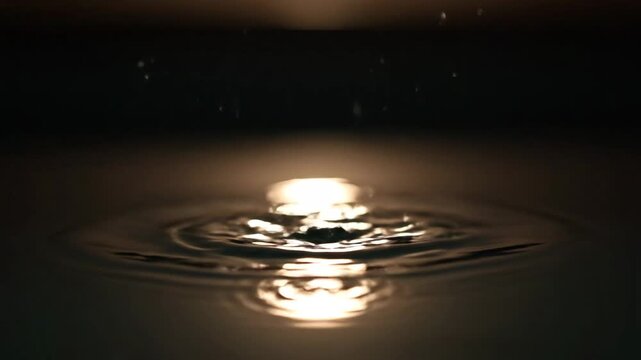 Close up of a water drop falling and creating ripples on the surface.