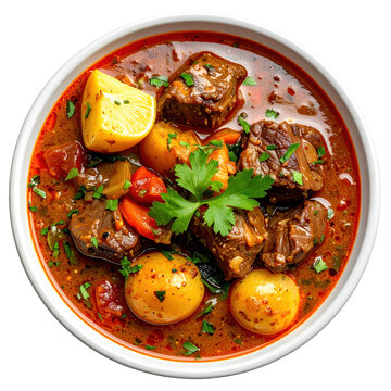 Hearty dominican goat stew, chivo guisado, with a rich and savory broth, in a bowl isolated on a white background