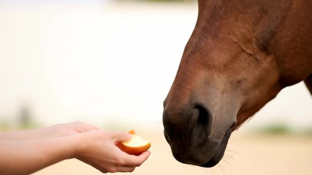 Horse Eating Apple Slice from Hand Close Up