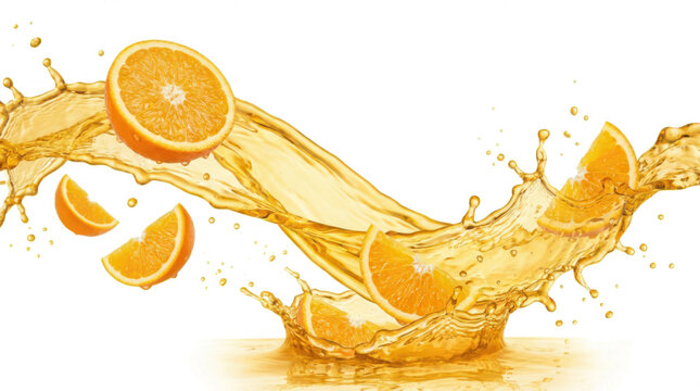 Vibrant orange slices splashing into rich refreshing citrus juice creating dynamic liquid splashes and droplets fruit food drink healthy natural sweet orange juice beverage transparent background