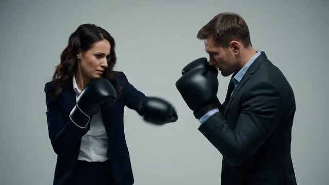 Businesswoman throws punch at businessman in boxing gloves