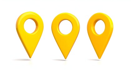 Three bright yellow location markers, rendered with slight shadows on a white background