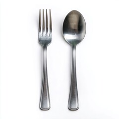 Metal fork and spoon on a white background.