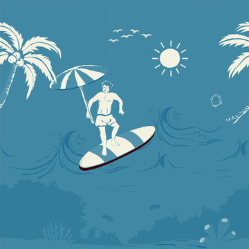 surfing on summertime seamless pattern background, vintage fabric textile pattern
