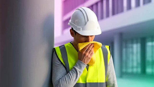 Shared Workspace Safety - Construction worker wearing hard hat and safety vest wiping his face with a yellow towel, suggesting fatigue or discomfort on a job site.