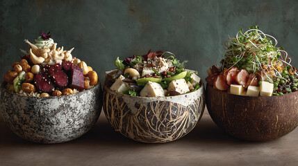 Three bowls of food are on a table. The bowls are filled with different types of food. One bowl has a salad, another has a sandwich, and the third has a fruit salad