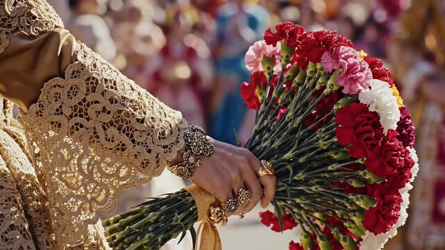 Las Fallas Tradition Woman Hand with Valencian Lace Dress and Gold Jewelry
