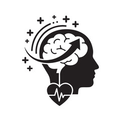 Mind Body Connection Icon Vector. Head Silhouette with Brain Growth Arrow and Heartbeat Pulse. Mental Wellness, Psychology, and Self Improvement Symbol.
