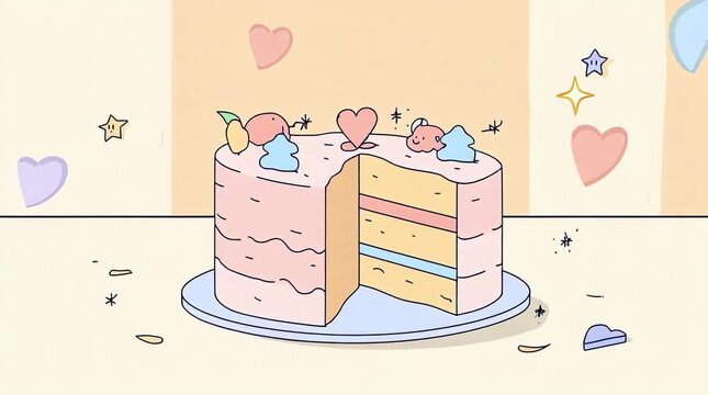 Stylized cartoon birthday cake video inspired by flat illustration art
