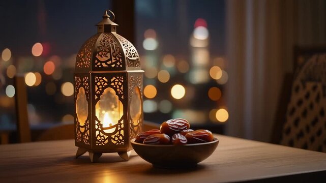 A lantern and dates on a wooden table in a cozy room overlooking a cityscape at night
