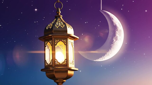 A hanging lantern glowing under a crescent moon in a starry night sky, symbolizing Ramadan or Islamic celebration, with a bokeh effect