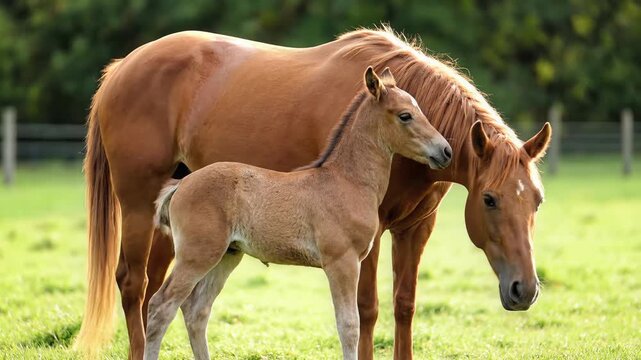 Mare and Foal Standing Together in Green Pasture Sunlight
