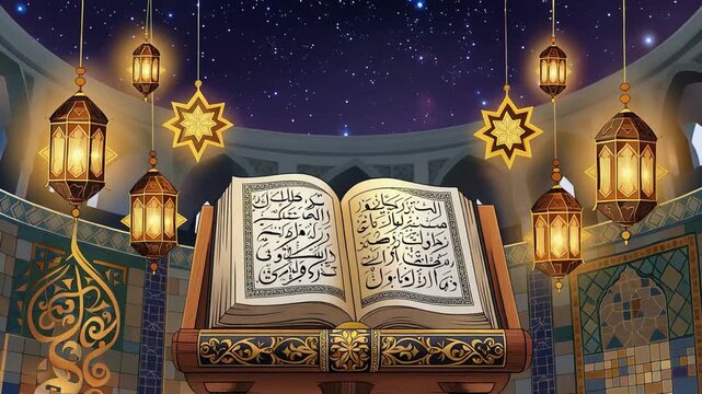A large, illuminated book of Arabic script rests on a decorative stand in a mosque's domed ceiling with hanging lanterns and stars, under a starry night sky
