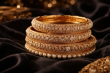 Luxury gold bangles with intricate filigree work and pearl detailing displayed on elegant black velvet background. Premium jewelry product photography ideal for bridal wear, wedding accessories