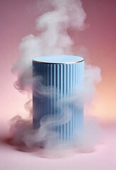 A blue cylindrical humidifier emitting mist against a pink background