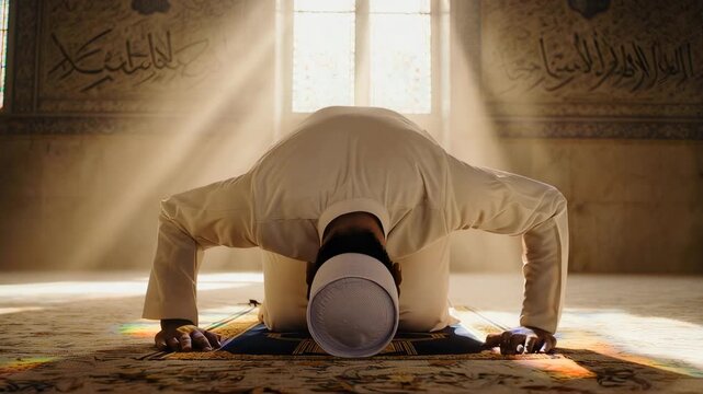 A Muslim man in white attire bows in prayer in a mosque with Arabic calligraphy and sunlight