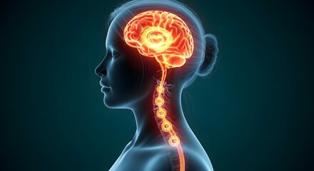 Obraz premium Glowing human head with brain and spinal cord for neurological health and medical research concepts