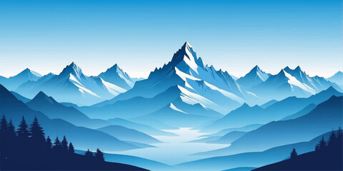 Fototapeta premium Misty Alpine Mountain Landscape at Sunrise with Snowy Peaks, Forest, Clouds and Serene Valley Panorama in Morning Nature Light