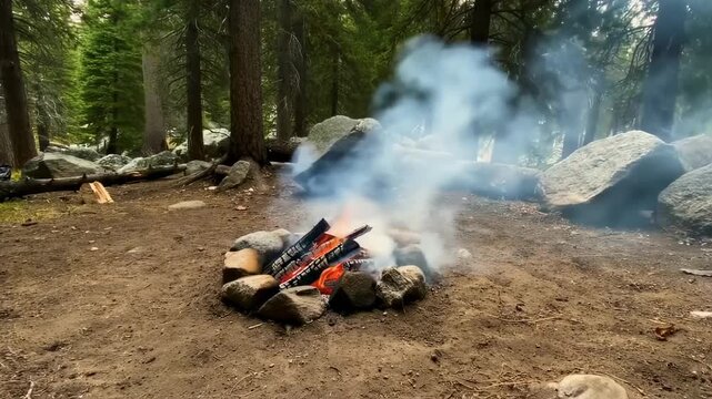 A campfire glows amidst a forest, smoke rising