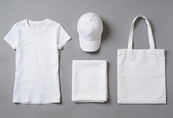 A collection of white clothing and accessories on a gray background