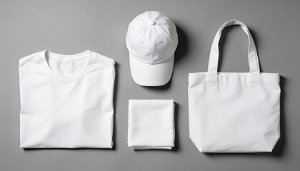 A neatly arranged collection of white clothing and accessories on a gray background